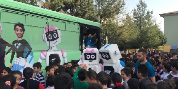 Kit and Kitti with school children promoting the important message of registering for employment in Turkey.